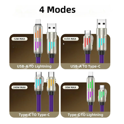 240W 4-in-1 Snellaadkabel – Multifunctionele Silicium USB Kabel – Fast Charging & Data Sync voor iPhone, Samsung, Xiaomi & meer