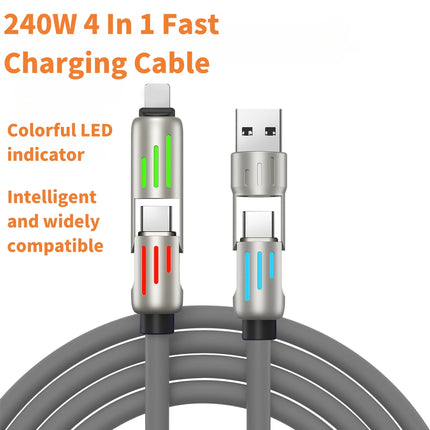 240W 4-in-1 Snellaadkabel – Multifunctionele Silicium USB Kabel – Fast Charging & Data Sync voor iPhone, Samsung, Xiaomi & meer